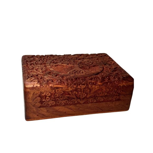 vintage hand carved hinged velvet lined Handcrafted Wooden Tree Life Jewelry Box - Picture 2 of 14